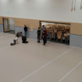 Verlegung, Abkleben, Hallenboden-Schutzbelag, Hallenboden-Schutzbeläge, Transport, Belagrollis, Belagkanten, Klebeband, Abrollgerät